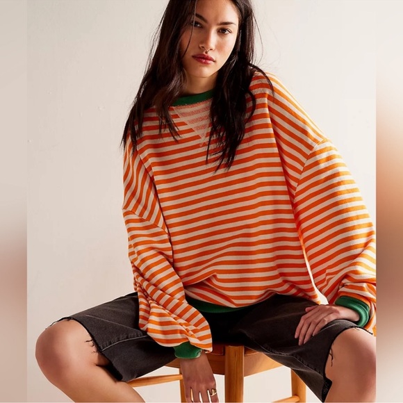 Free People Tops - FREE PEOPLE Green & Orange Viral Classic Striped Crewneck Pullover Sweatshirt